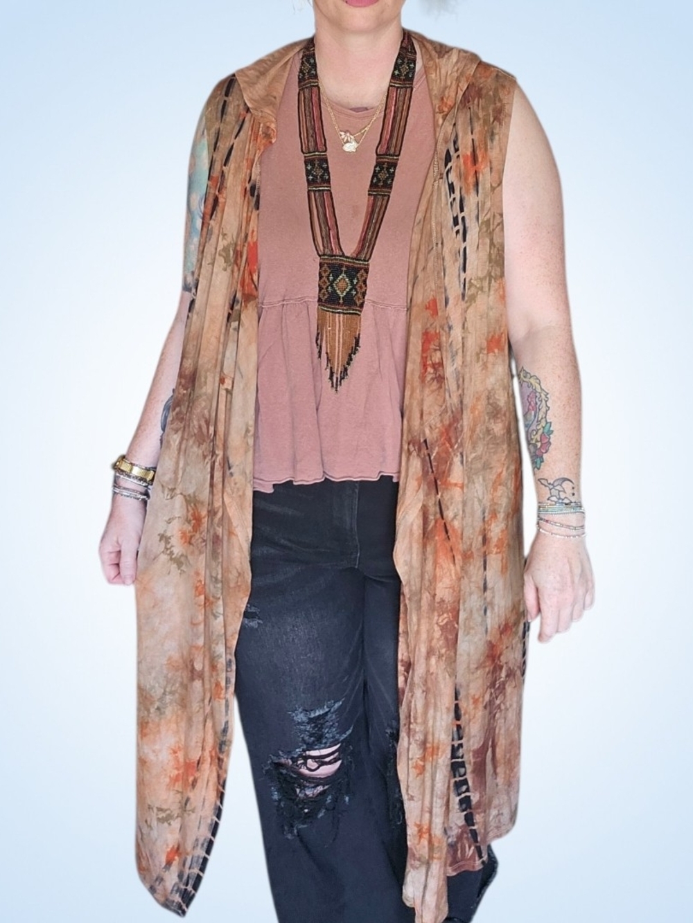 Coin 1804 Tie Dye Hooded Duster Vest Large Boho Festival Open Front